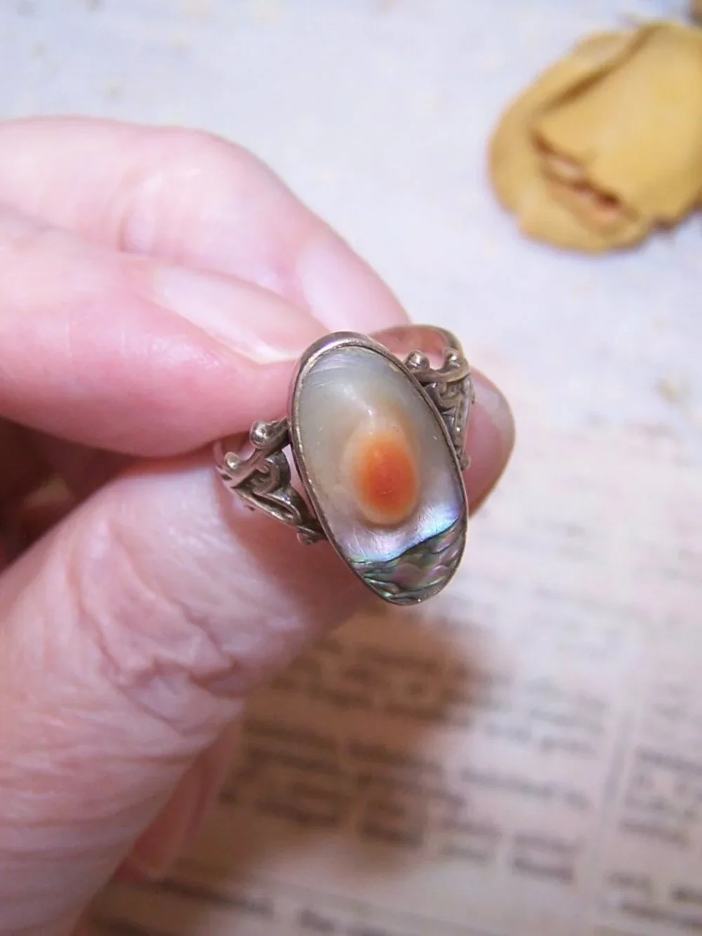 Art Nouveau Sterling Silver Blister Pearl Abalone Ring - Size 4.75